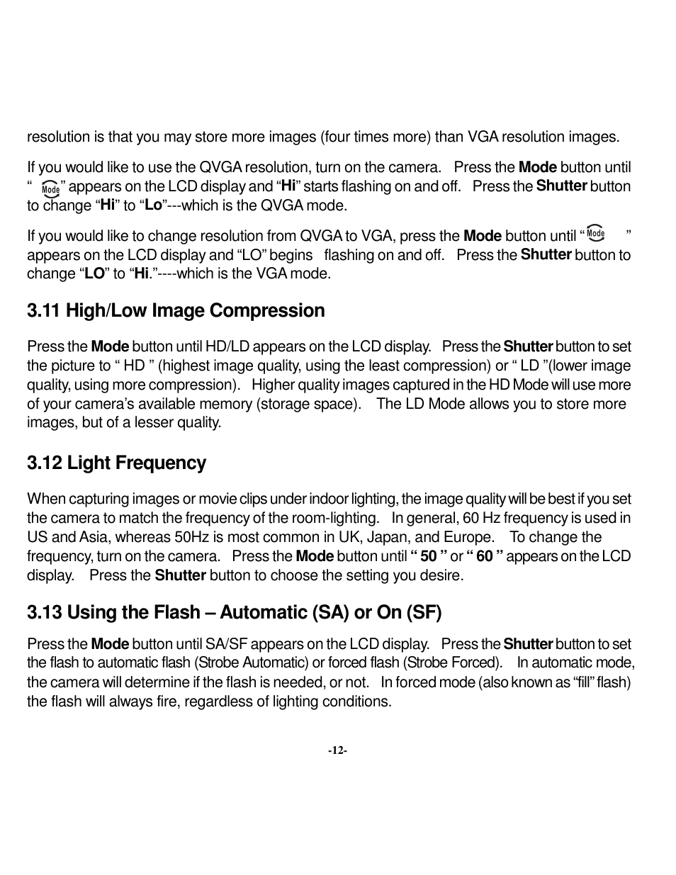 11 high/low image compression, 12 light frequency, 13 using the flash – automatic (sa) or on (sf) | VistaQuest VQ 350 User Manual | Page 16 / 29