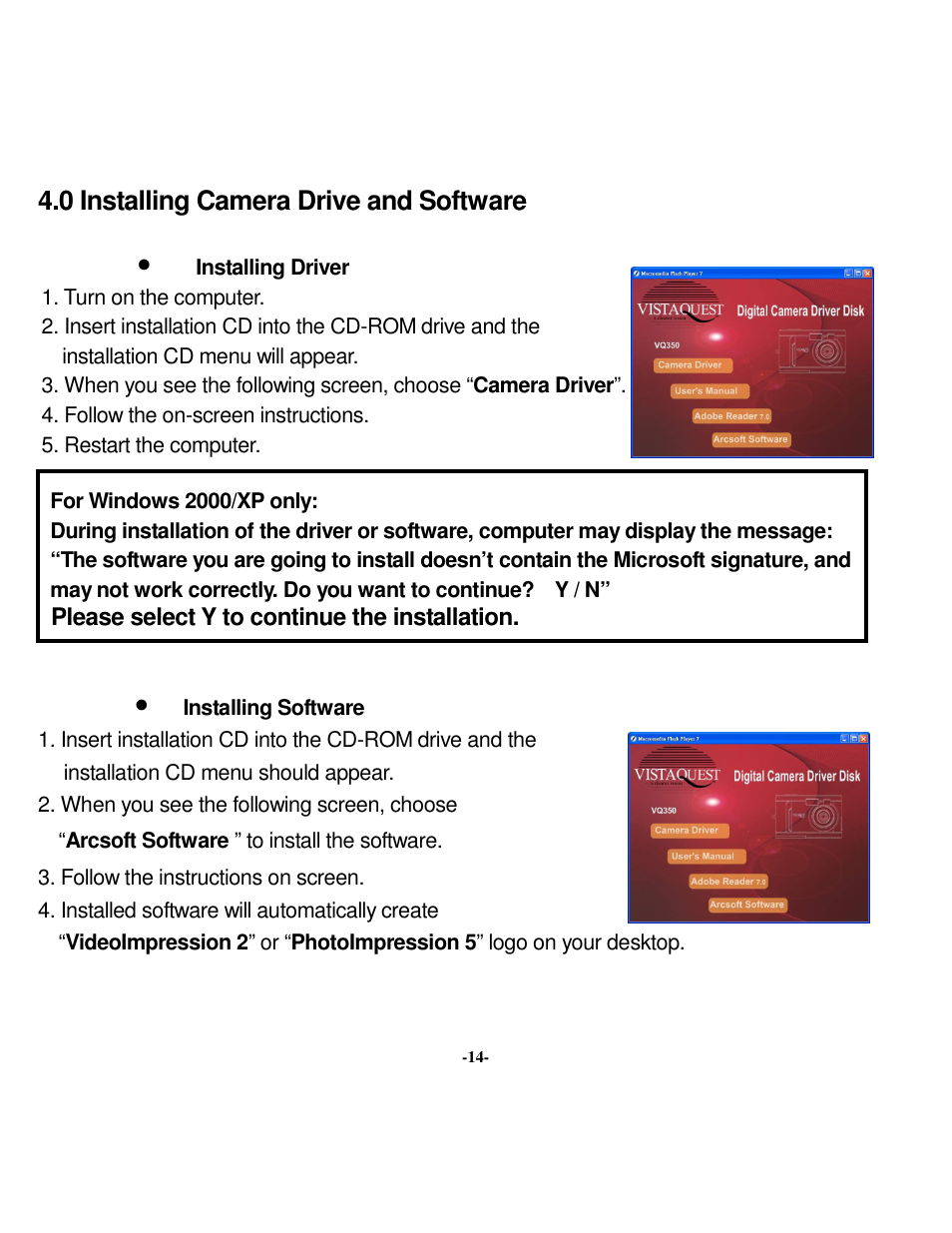 0 installing camera drive and software | VistaQuest VQ 350 User Manual | Page 18 / 29