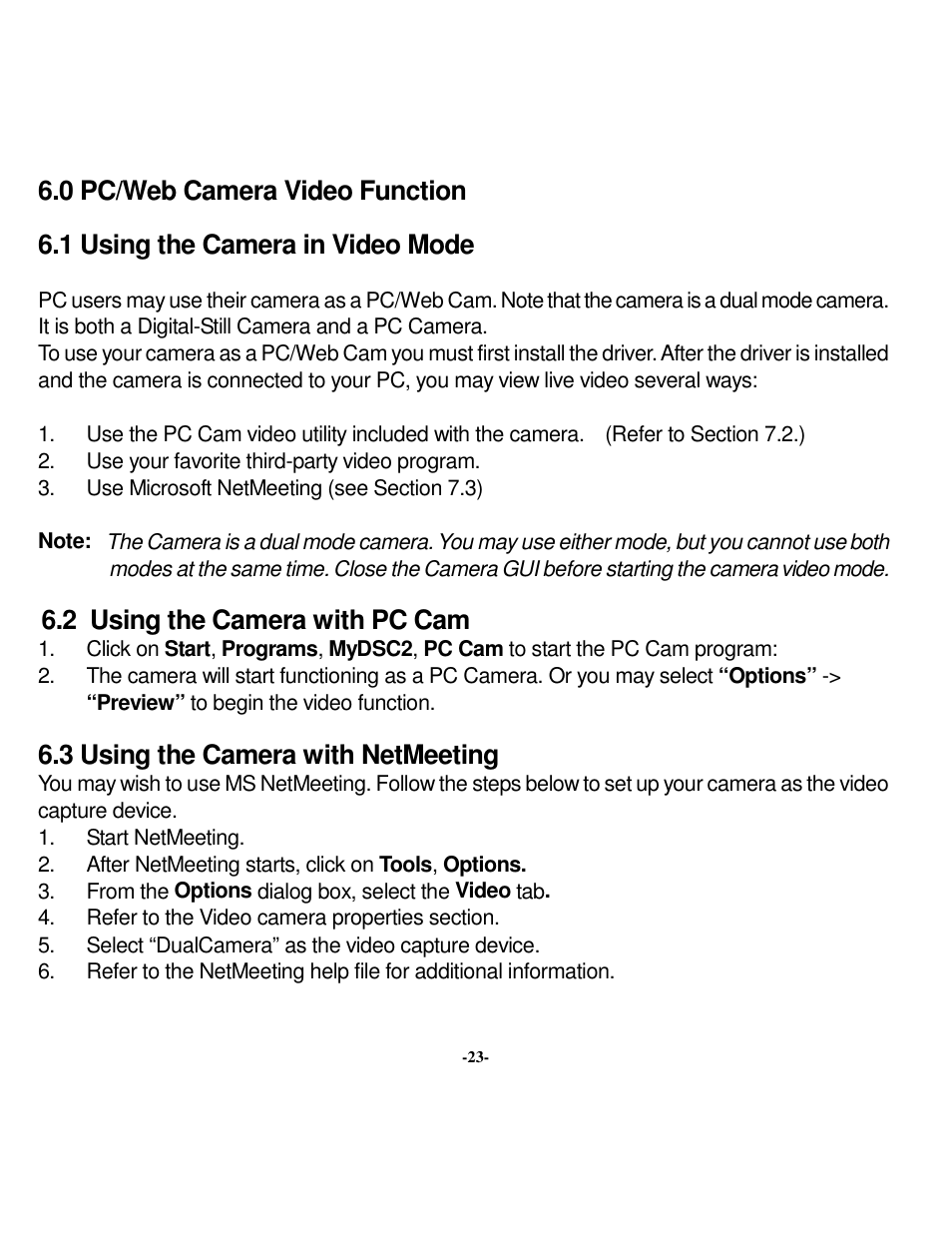 0 pc/web camera video function, 1 using the camera in video mode, 2 using the camera with pc cam | 3 using the camera with netmeeting | VistaQuest VQ 350 User Manual | Page 27 / 29