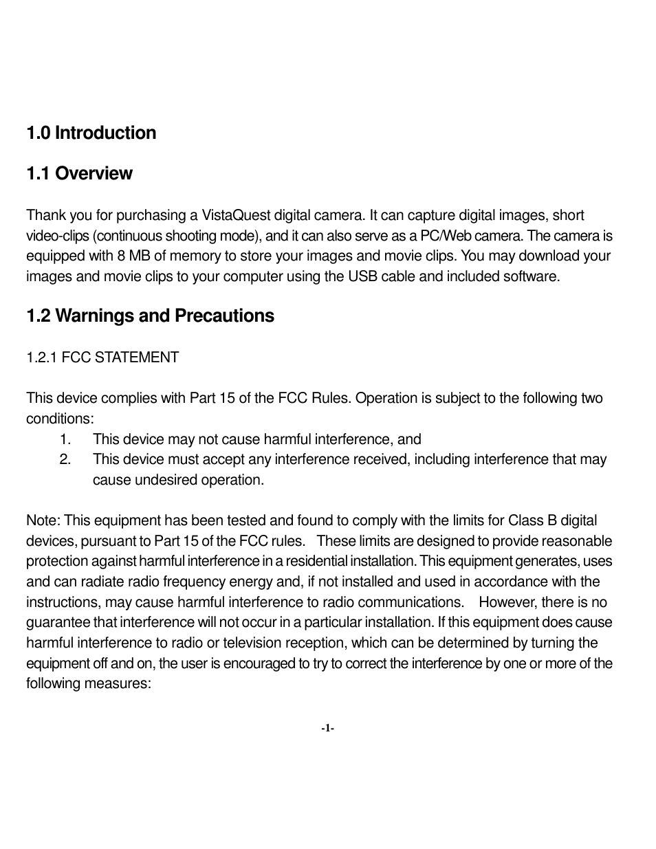 0 introduction, 1 overview, 2 warnings and precautions | VistaQuest VQ 350 User Manual | Page 5 / 29