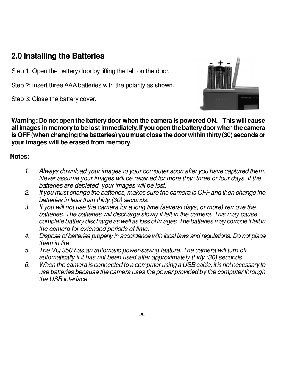 0 installing the batteries | VistaQuest VQ 350 User Manual | Page 9 / 29