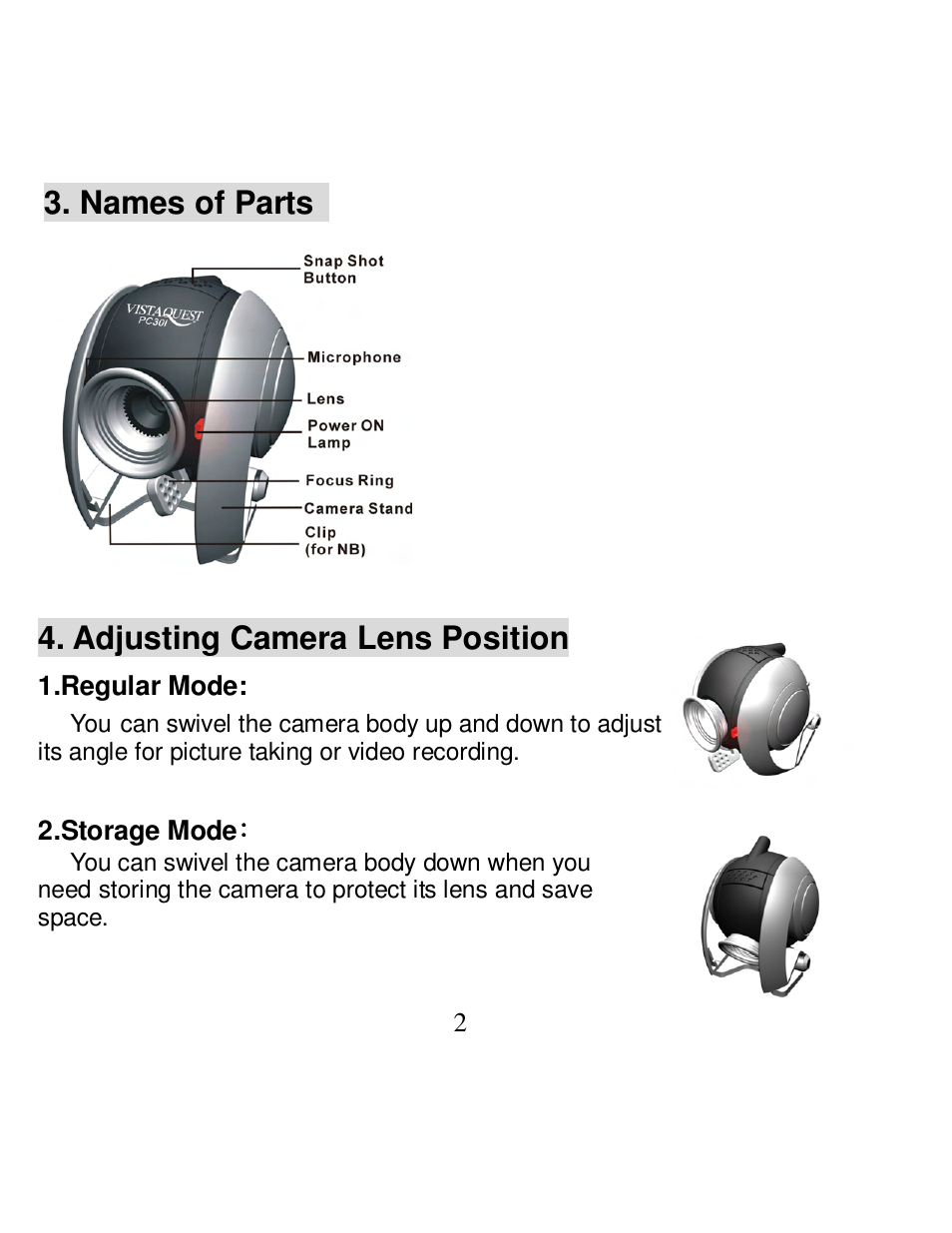 Names of parts 4. adjusting camera lens position | VistaQuest PC30I User Manual | Page 4 / 15