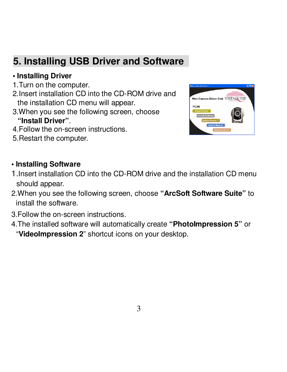 Installing usb driver and software | VistaQuest PC30I User Manual | Page 5 / 15