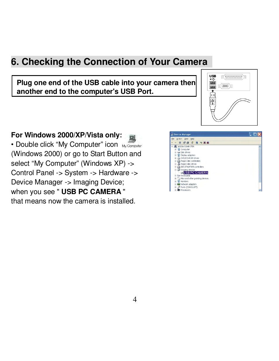 Checking the connection of your camera | VistaQuest PC30I User Manual | Page 6 / 15