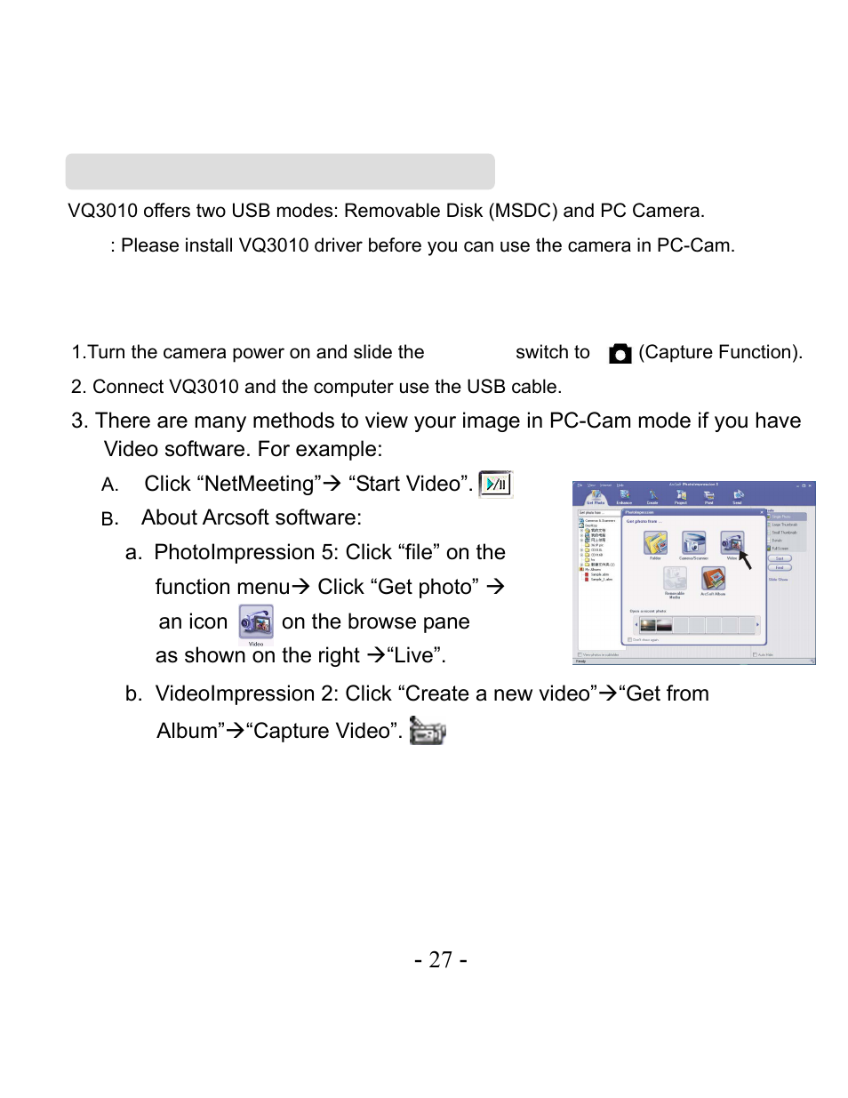 Using vq3010 in pc-cam mode | VistaQuest VQ3010 User Manual | Page 31 / 40