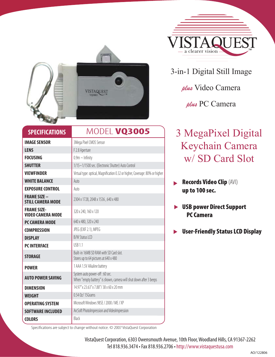 VistaQuest VQ-3005 User Manual | 1 page