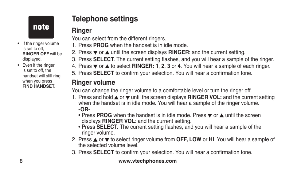 Ringer, Ringer volume, Rnger rnger volume | Telephone settings | VTech CS2112 User Manual | Page 12 / 56