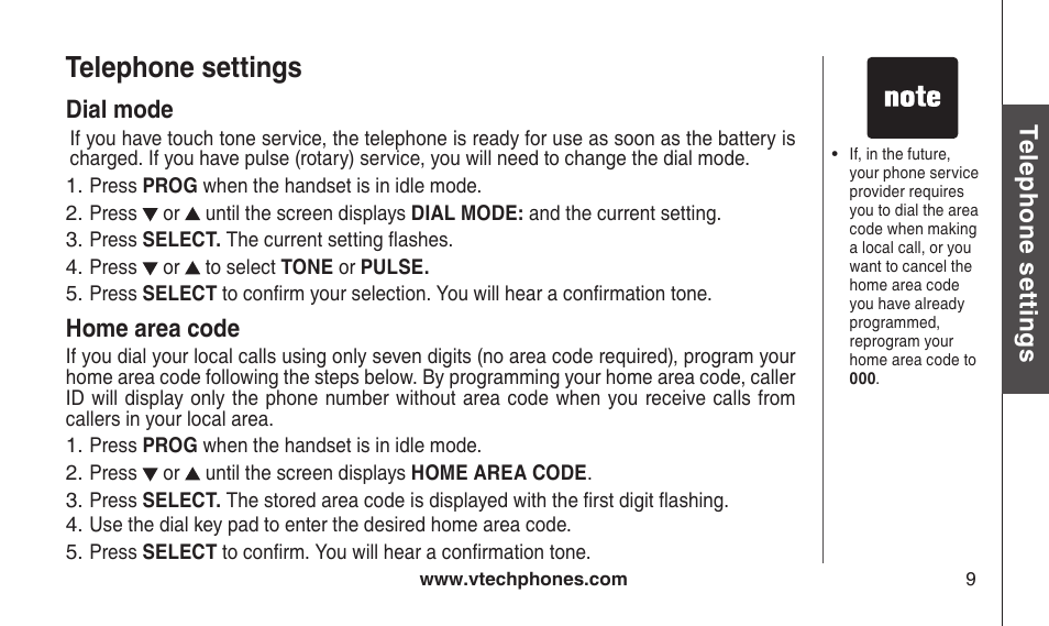 Dial mode, Home area code, Dal mode home area code | Telephone settings | VTech CS2112 User Manual | Page 13 / 56