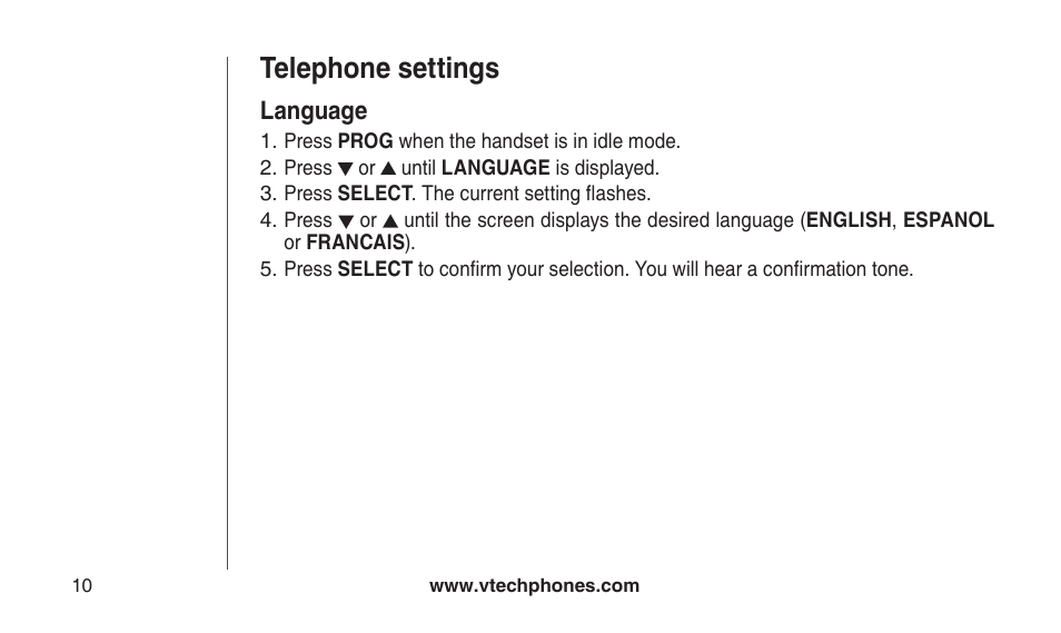 Language, Language clear vocemal, Telephone settings | VTech CS2112 User Manual | Page 14 / 56
