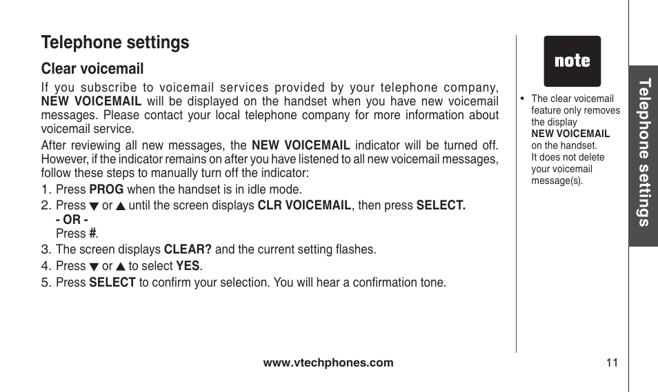Clear voicemail, Telephone settings | VTech CS2112 User Manual | Page 15 / 56
