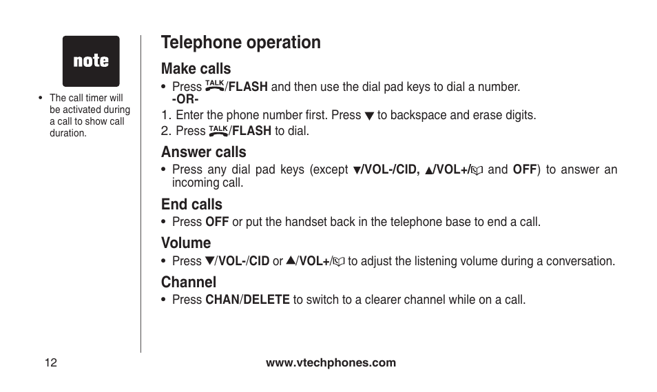 Telephone operation, Make calls, Make calls answer calls end calls volume channel | VTech CS2112 User Manual | Page 16 / 56