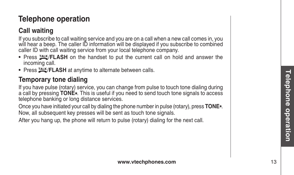 Call waiting, Temporary tone dialing, Call watng temporary tone dalng | Telephone operation | VTech CS2112 User Manual | Page 17 / 56