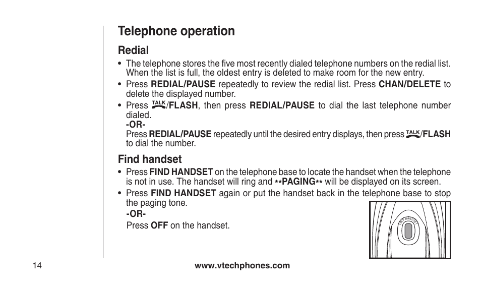 Redial, Find handset, Redal fnd handset | Telephone operation | VTech CS2112 User Manual | Page 18 / 56