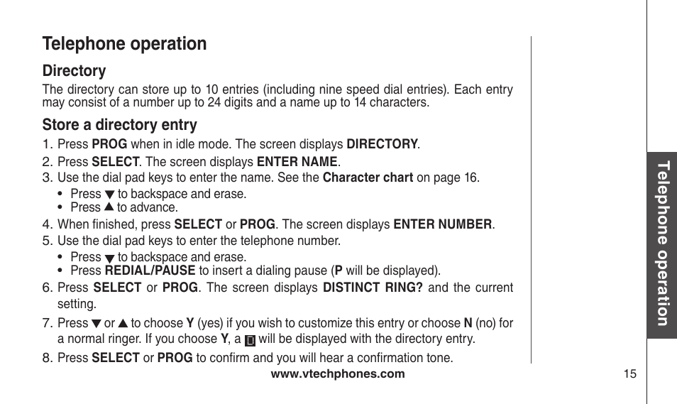 Directory, Store a directory entry, Drectory store a drectory entry | Telephone operation | VTech CS2112 User Manual | Page 19 / 56