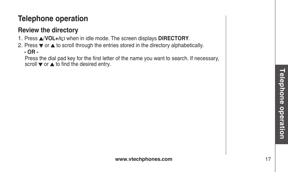 Review the directory, Telephone operation | VTech CS2112 User Manual | Page 21 / 56