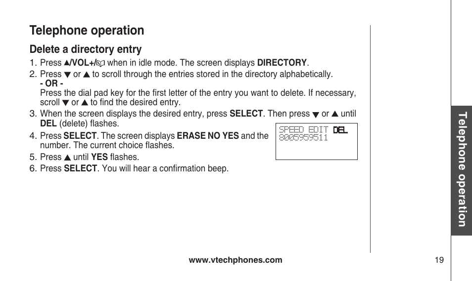 Delete a directory entry, Delete a drectory entry, Telephone operation | VTech CS2112 User Manual | Page 23 / 56
