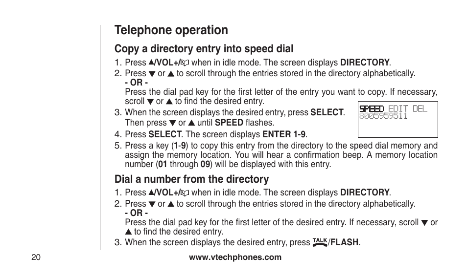 Copy a directory entry into speed dial, Dial a number from the directory, Y a drectory entry nto speed dal | Dal a number from the drectory, Telephone operation | VTech CS2112 User Manual | Page 24 / 56