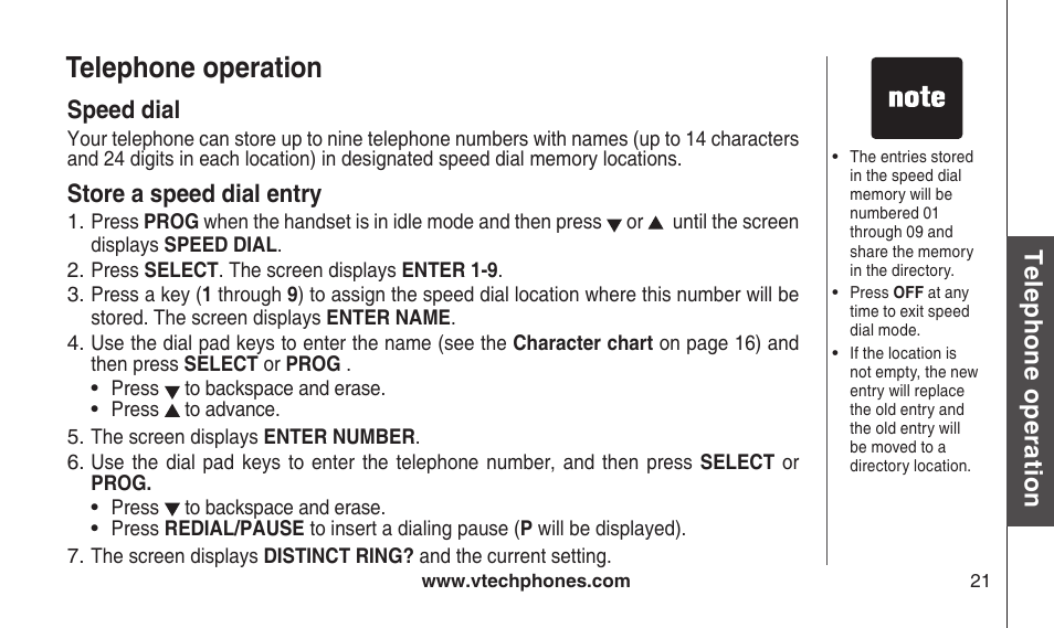 Speed dial, Store a speed dial entry, Speed dal | Store a speed dal entry, Telephone operation, Te le ph on e o pe ra tio n | VTech CS2112 User Manual | Page 25 / 56