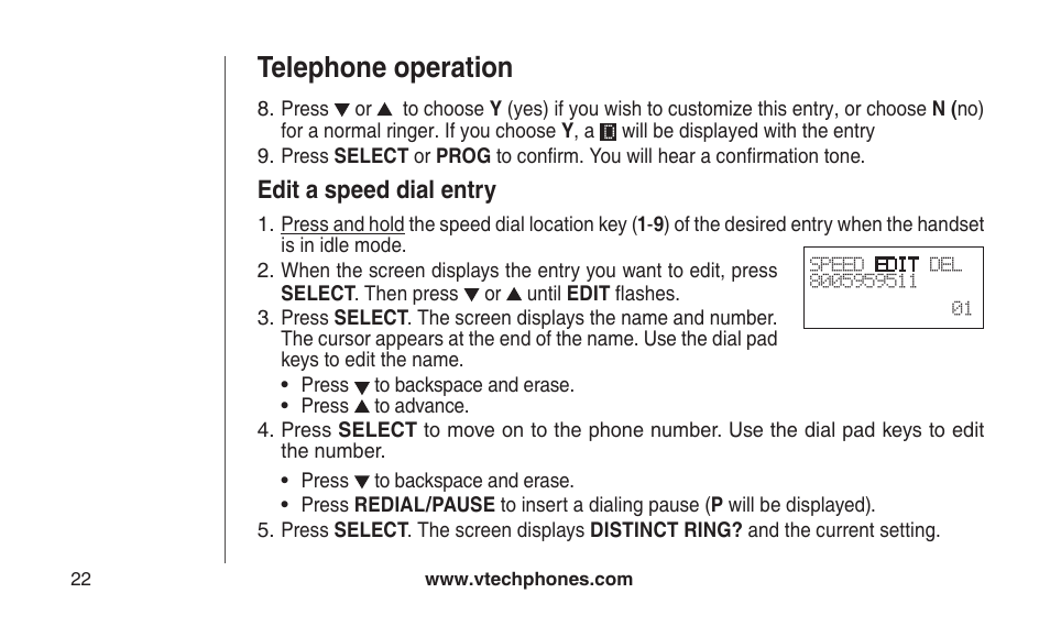 Edit a speed dial entry, Edt a speed dal entry, Telephone operation | VTech CS2112 User Manual | Page 26 / 56