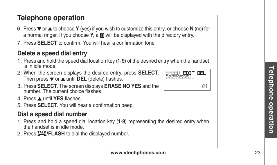 Delete a speed dial entry, Dial a speed dial number, Delete a speed dal entry dal a speed dal number | Telephone operation | VTech CS2112 User Manual | Page 27 / 56