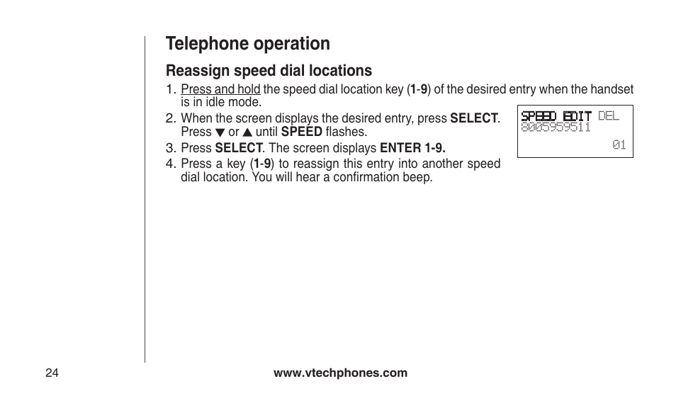Reassign speed dial locations, Reassgn speed dal locatons, Telephone operation | VTech CS2112 User Manual | Page 28 / 56