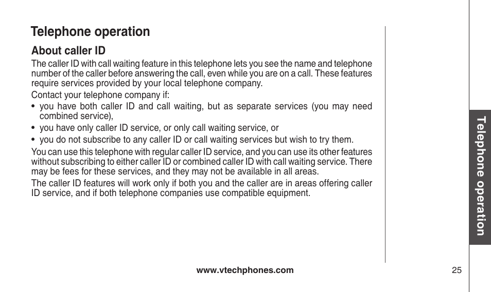 About caller id, Telephone operation | VTech CS2112 User Manual | Page 29 / 56