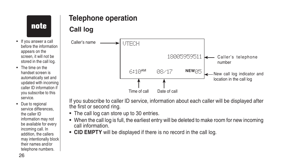 Call log, Telephone operation | VTech CS2112 User Manual | Page 30 / 56