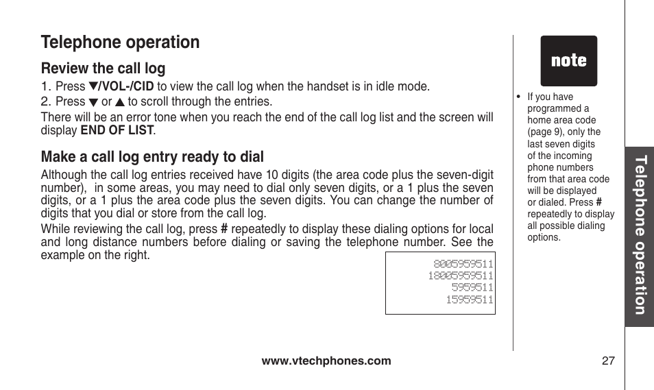 Review the call log, Make a call log entry ready to dial, Telephone operation | Te le ph on e o pe ra tio n | VTech CS2112 User Manual | Page 31 / 56
