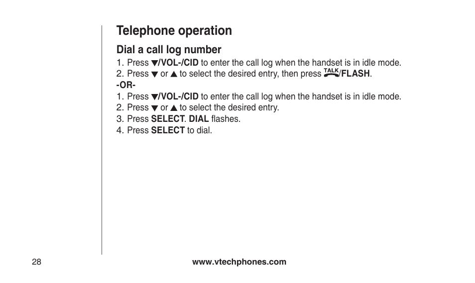 Dial a call log number, Dal a call log number, Telephone operation | VTech CS2112 User Manual | Page 32 / 56