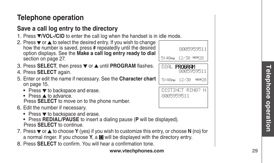 Save a call log entry to the directory, Save a call log entry to the drectory, Telephone operation | Te le ph on e o pe ra tio n | VTech CS2112 User Manual | Page 33 / 56