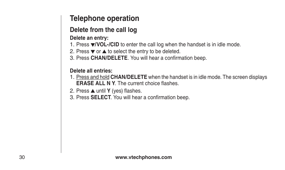 Delete from the call log, Telephone operation | VTech CS2112 User Manual | Page 34 / 56