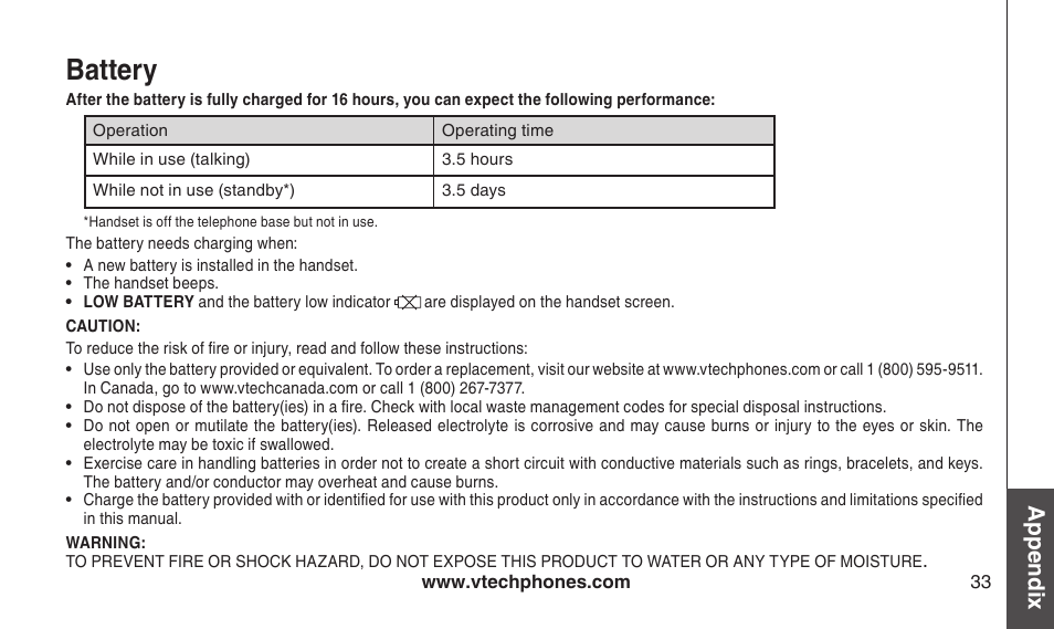 Battery, Appendix | VTech CS2112 User Manual | Page 37 / 56
