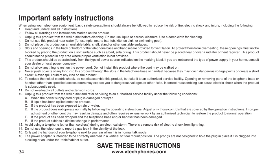 Important safety nstructons, Important safety instructions, Save these instructions | VTech CS2112 User Manual | Page 38 / 56