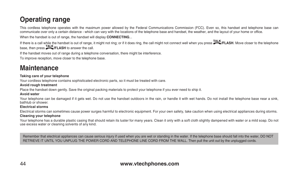 Operatng range mantenance, Operating range, Maintenance | VTech CS2112 User Manual | Page 48 / 56