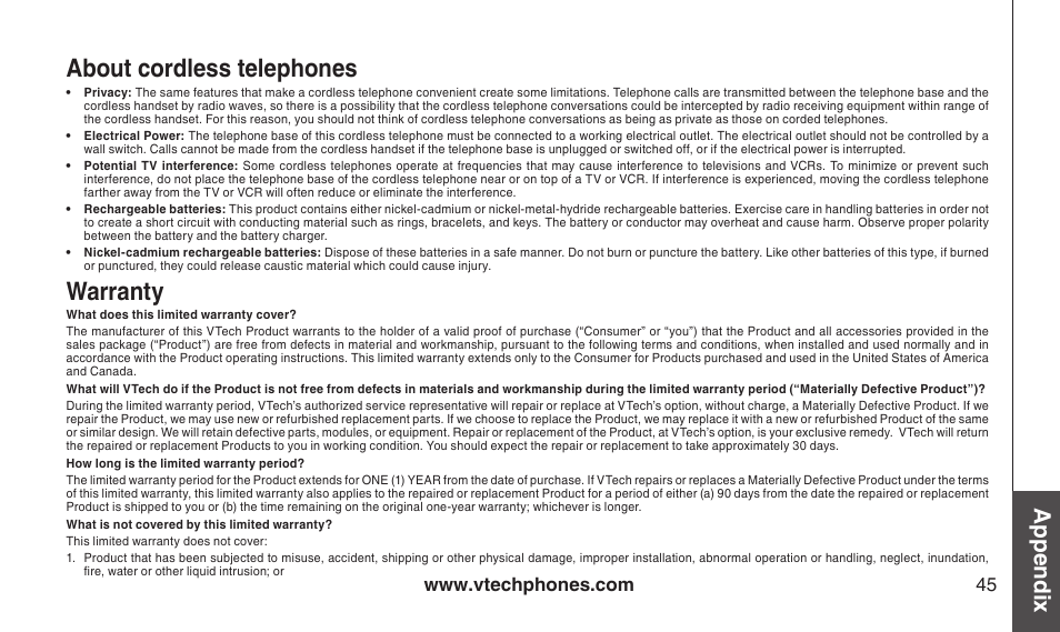 About cordless telephones warranty, About cordless telephones, Warranty | Appendix | VTech CS2112 User Manual | Page 49 / 56