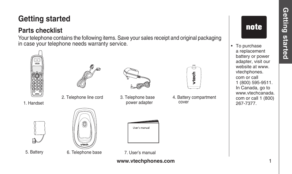 Getting started, Parts checklist, Parts checklst | Gett in g s ta rte d | VTech CS2112 User Manual | Page 5 / 56