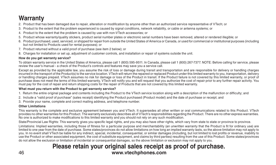 Warranty | VTech CS2112 User Manual | Page 50 / 56