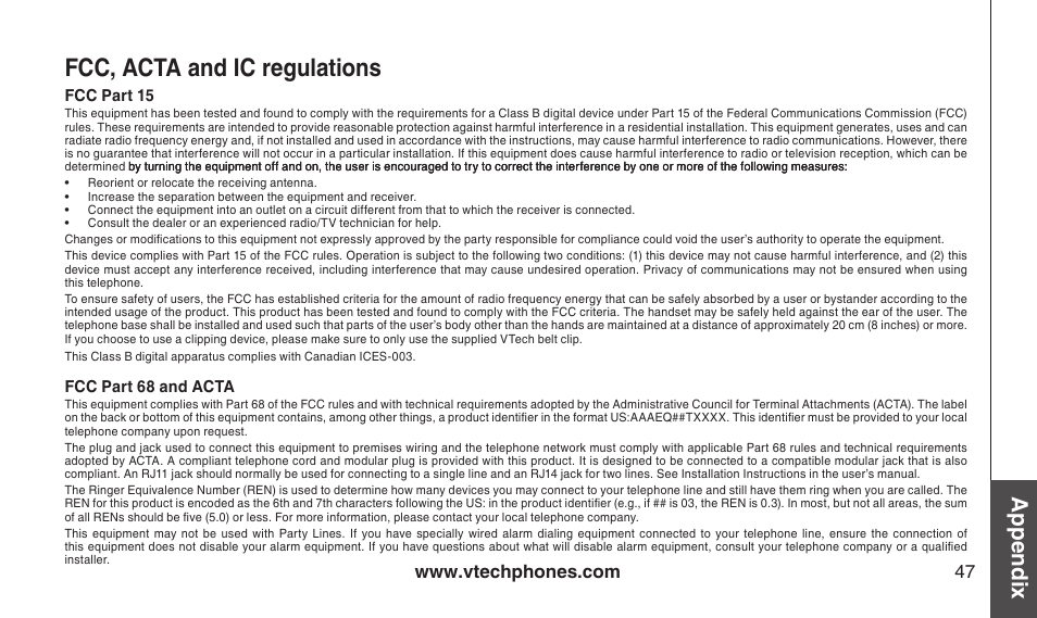 Fcc, acta and ic regulatons, Fcc, acta and ic regulations, Appendix | VTech CS2112 User Manual | Page 51 / 56