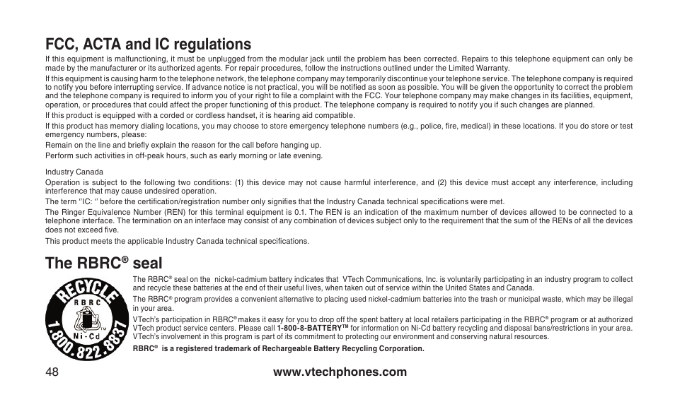 The rbrc, Seal, Fcc, acta and ic regulations | VTech CS2112 User Manual | Page 52 / 56