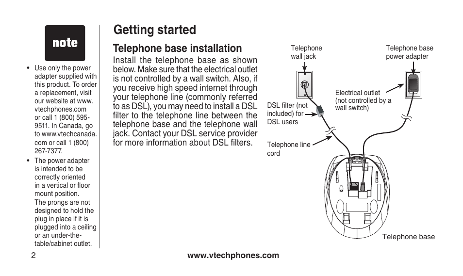 Telephone base installation, Getting started | VTech CS2112 User Manual | Page 6 / 56