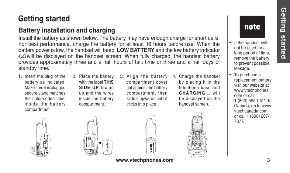 Battery installation and charging, Battery nstallaton and chargng, Getting started | Gett in g s ta rte d | VTech CS2112 User Manual | Page 7 / 56