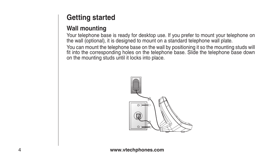 Wall mounting, Wall mountng, Getting started | VTech CS2112 User Manual | Page 8 / 56