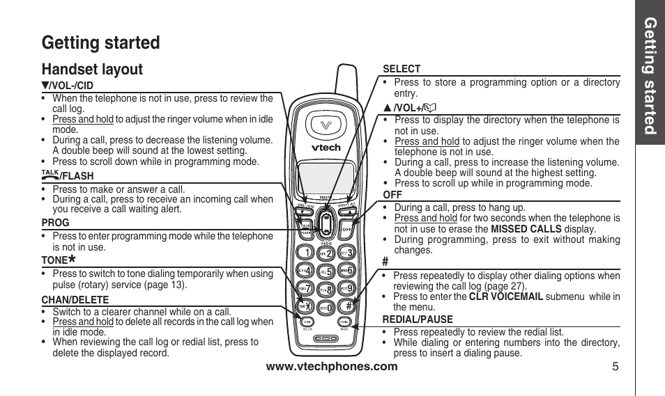 Handset layout, Getting started, Gett in g s ta rte d | VTech CS2112 User Manual | Page 9 / 56