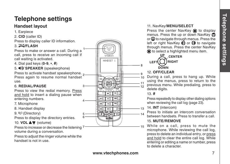 Telephone settings, Handset layout, Te le ph on e s ett in gs | Bas ic o pe ra tio n | VTech DS4122-4 User Manual | Page 10 / 61