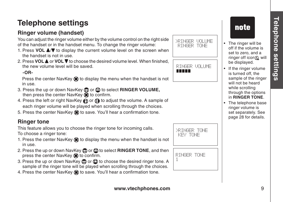 Ringer volume ringer tone, Telephone settings, Te le ph on e s ett in gs | Bas ic o pe ra tio n | VTech DS4122-4 User Manual | Page 12 / 61