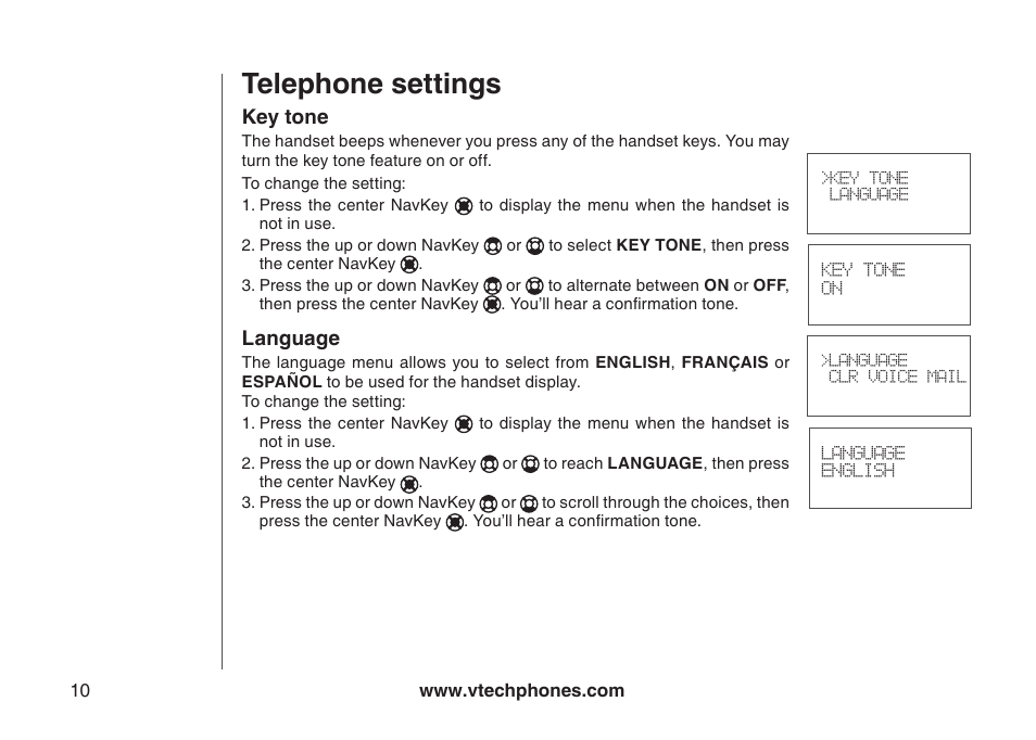 Key tone language, Telephone settings | VTech DS4122-4 User Manual | Page 13 / 61