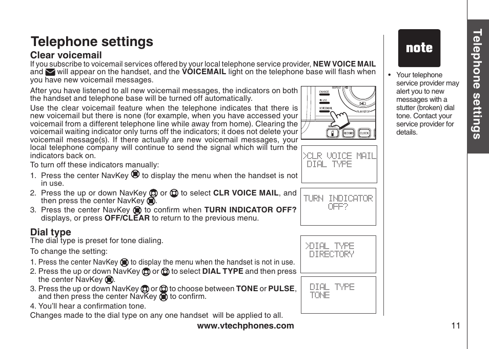 Clear voicemail dial type, Telephone settings, Te le ph on e s ett in gs | Bas ic o pe ra tio n | VTech DS4122-4 User Manual | Page 14 / 61