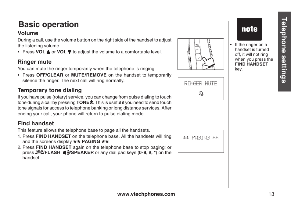 Volume ringer mute temporary tone dialing, Basic operation, Te le ph on e s ett in gs | VTech DS4122-4 User Manual | Page 16 / 61