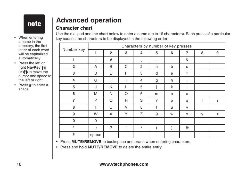 Character chart, Advanced operation | VTech DS4122-4 User Manual | Page 21 / 61