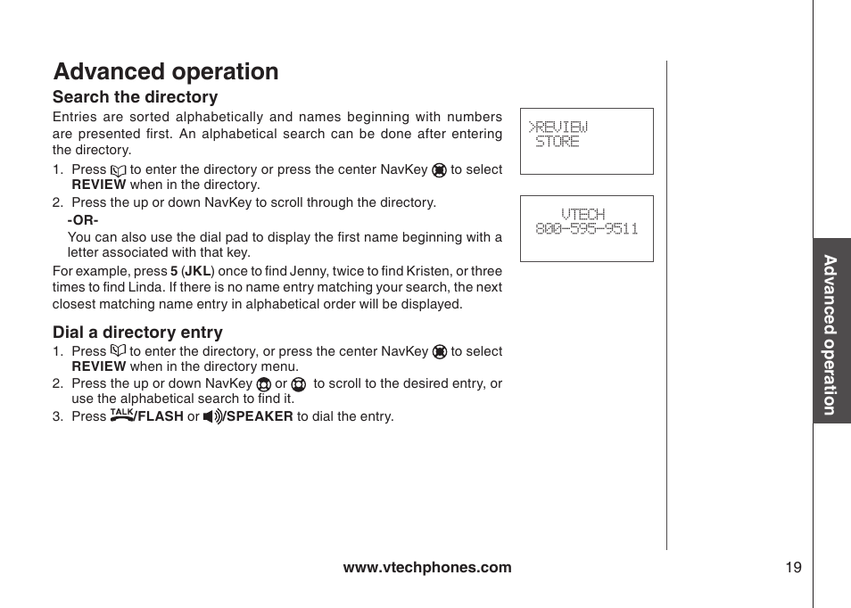 Search the directory dial a directory entry, Advanced operation | VTech DS4122-4 User Manual | Page 22 / 61